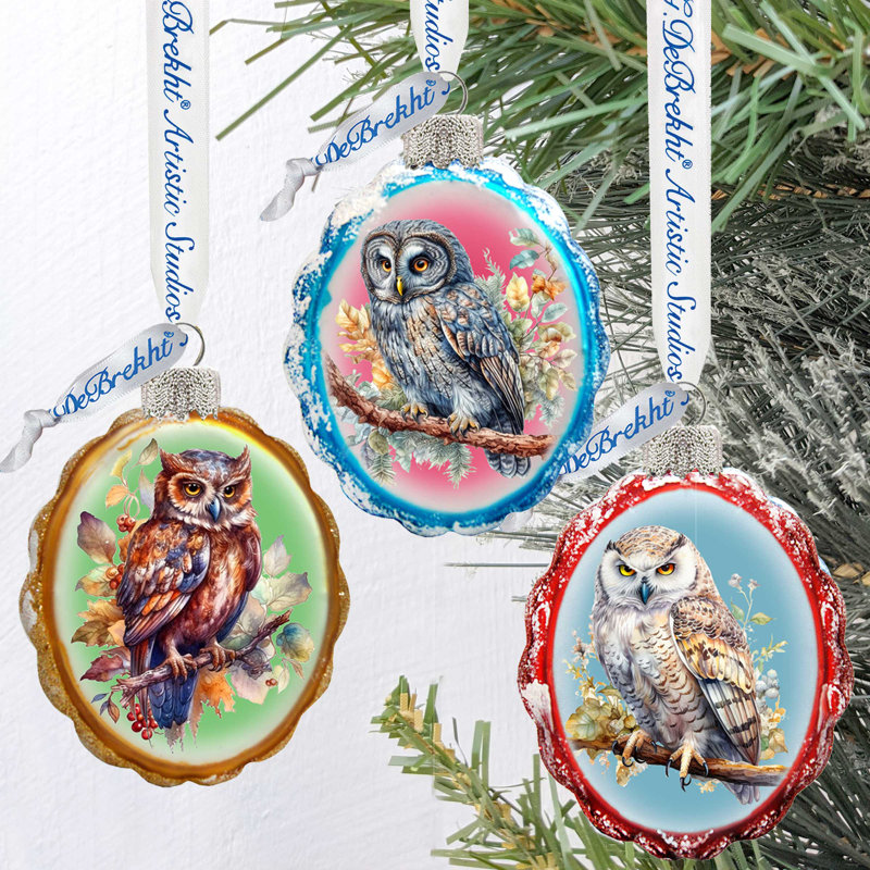 Handcrafted Mercury Glass Owl Ornaments Set of 3