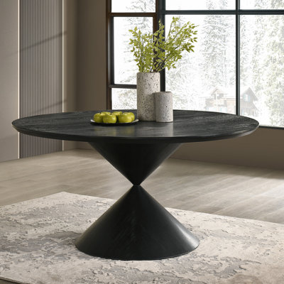 59" Round Pedestal Dining Table With Hourglass Base, Ebony Black