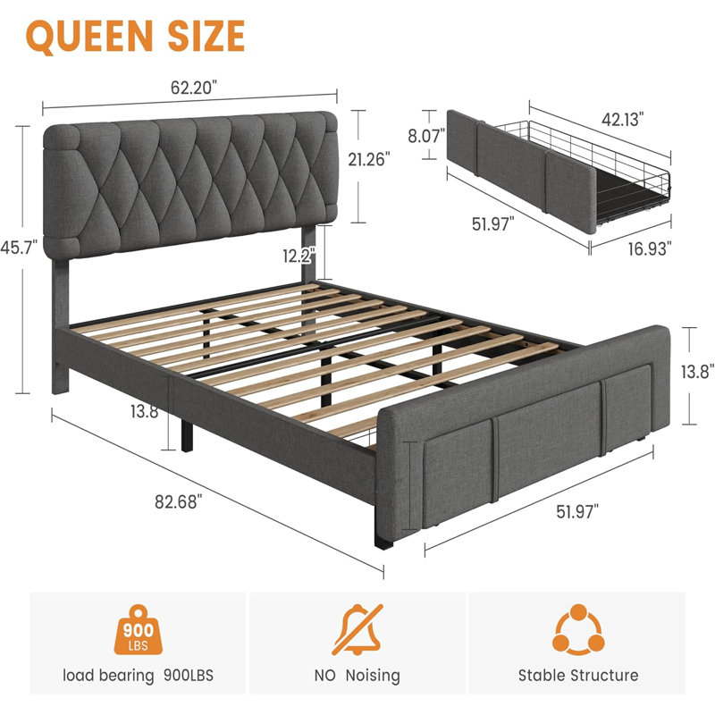 Upholstered Platform Bed Frame with Storage Drawers, Mattress Foundation with Solid Wooden Slats, No Box Spring Needed, Gray