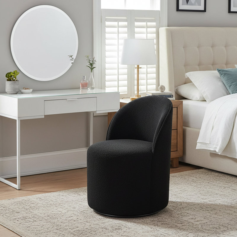 Swivel Upholstered Dining Chair With Backrest, 360 Degree Swivel Side Chair For Dining Room, Balcony, Parlour, Black Sherpa