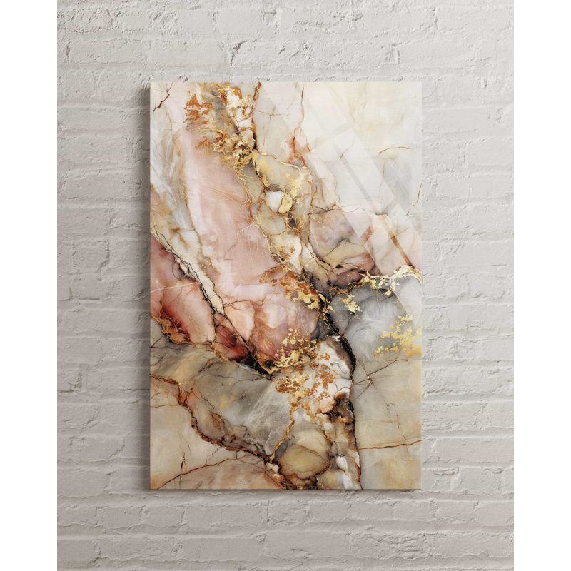 Art mural en verre trempé rose marbré, décor abstrait feuille d'or, impression de texture de pierre moderne, grande agate verticale suspendue, idée cadeau élégante