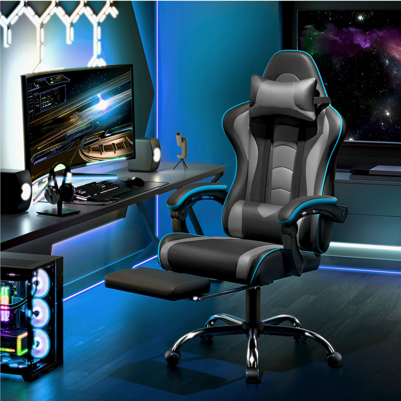 Fauteuil de jeu ergonomique avec coussin lombaire de massage, Noir/gris