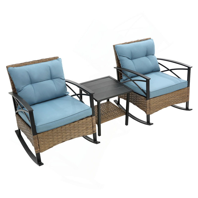 3Pcs Rocking Rattan Set Wholesale Leisure Chair Outdoor Rattan Rocking Chair Set, Blue