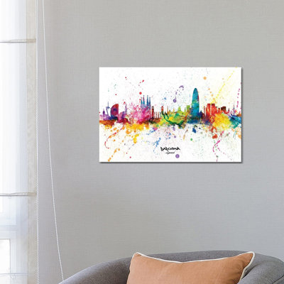 Barcelona Spain Skyline Splash by Michael Tompsett - Wrapped Canvas Print