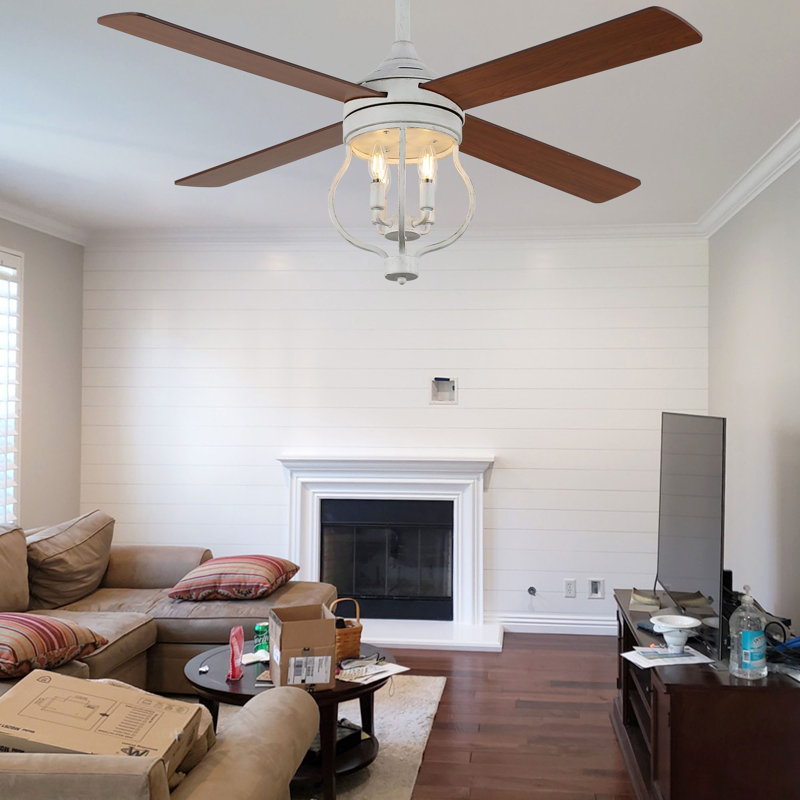 Kahliel 52" Industrial 4-Light Caged Ceiling Fan with Lights and Remote, 6-Speed Reversible Ceiling Fan, Brown, White