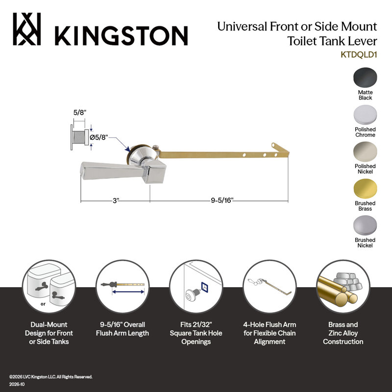 Levier de réservoir de toilette universel à fixation frontale ou latérale Kingston Brass, Brushed Brass