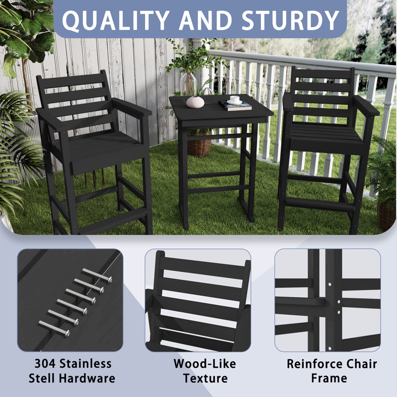 All Weather HDPE Bar Height Outdoor Table and Chairs Set for Bistro Patio Balcony, Black, Yes 