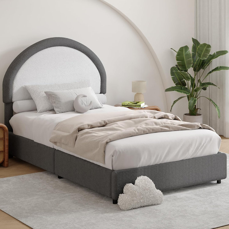 Base de lit tapissier avec tête de lit Boucle, Lit simple, Gris