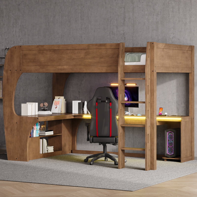 Lit mezzanine de jeu pleine grandeur avec bureau, étagères de rangement, éclairage DEL et station de recharge, noyer