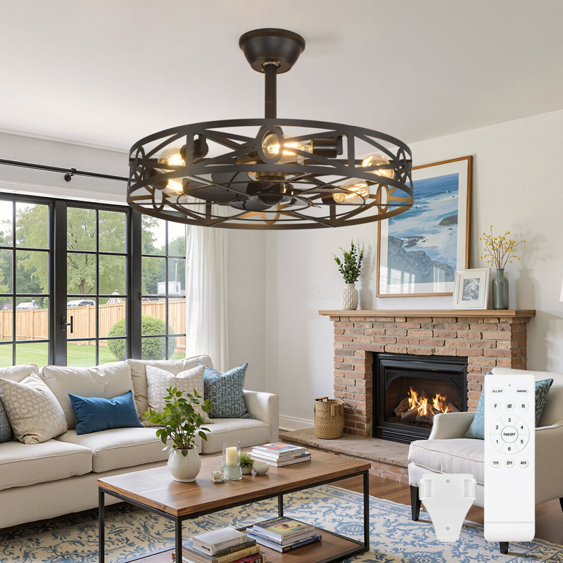 26'' Black Caged Ceiling Fans with Remote App Control for Patio Kitchen Bedroom, Farmhouse Flush Mount Ceiling Fan with Lights Reversible 6 Speed Timer 