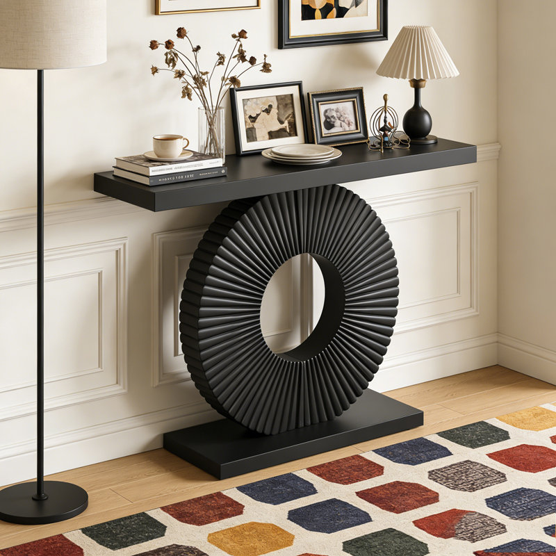 Modern Wood Sofa Table with Geometric Base, Black