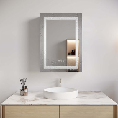 Armoire de salle de bain avec miroir à DEL, anti-buée, imperméable, armoire de salle de bain lumineuse à porte simple 3000K ~ 6000K avec interrupteur tactile, à intensité variable, encastrée ou à fixation en surface