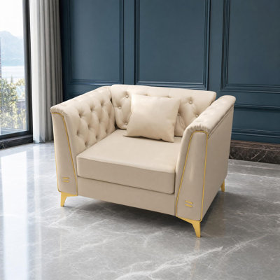 Metal Trim Tufted Faux Leather Chesterfield Sofa