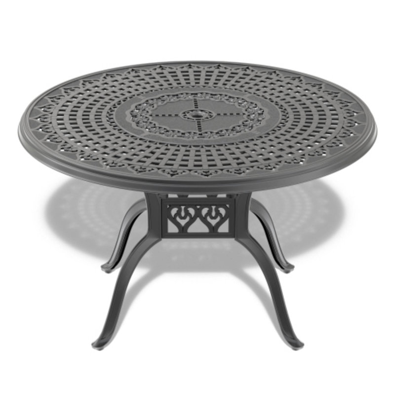 Table de salle à manger d'extérieur en fonte d'aluminium dans un cadre noir, avec trou pour parasol