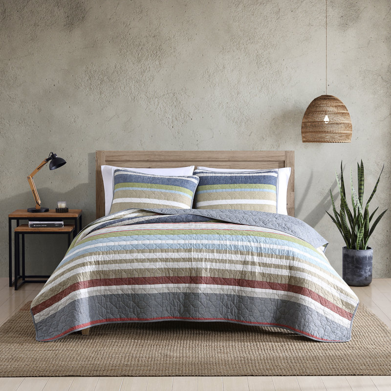 Gray and Multicolor Cotton Full Quilt Set with Reversible Design