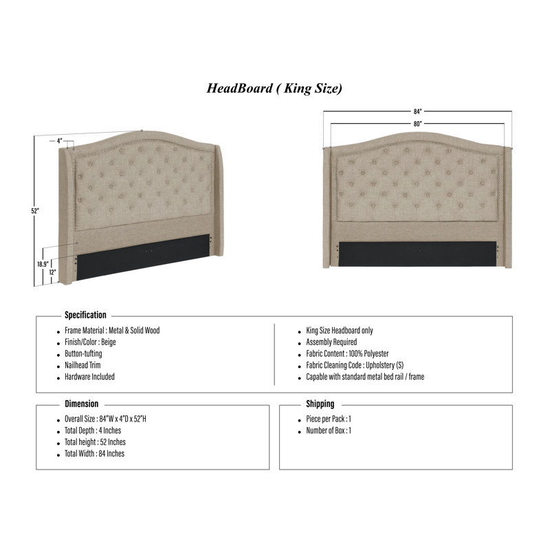 Calian Upholstered Wingback Headboard, King, Beige