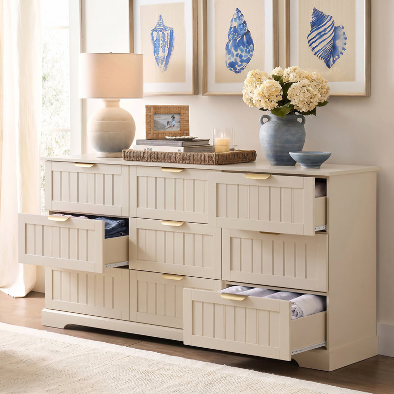 Commode 9 tiroirs, commode moderne l 63 po avec poignée en métal, Beige