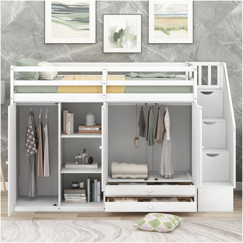 Lit mezzanine fonctionnel avec 3 tablettes, 2 armoires et 2 tiroirs, échelle avec rangement, aucun sommier nécessaire, blanc