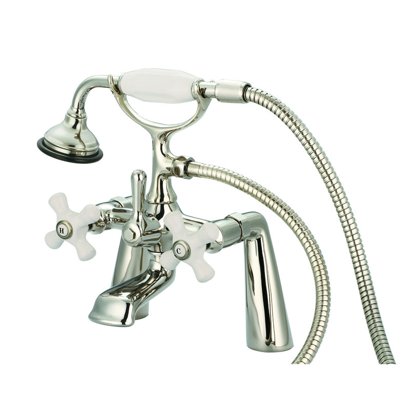 Stonington 3 Handle Deck Clawfoot Tub Faucet, Porcelain Cross Handles, Polished Nickel