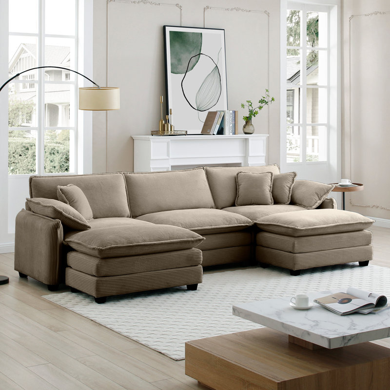 Oversized Modular Cushioned Sofa With Conversible Ottoman, Camel, 33.85" H x 115.34" W x 34.25" D