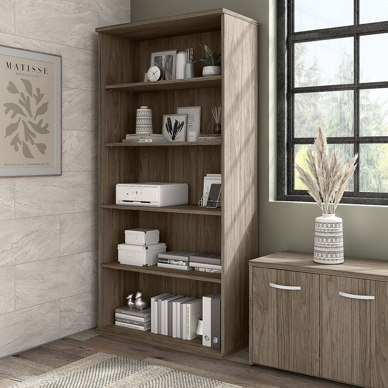 Bush Business Furniture Hybrid Tall 5 Shelf Bookcase, Modern Hickory