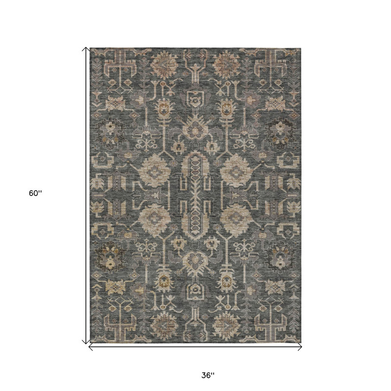 3' X 5' Gray Silver And Beige Oriental Washable Indoor Outdoor Area Rug