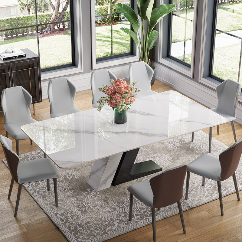 Table de salle à manger rectangulaire moderne en pierre frittée blanche avec base en forme de Z, Noir, noir, noir, noir