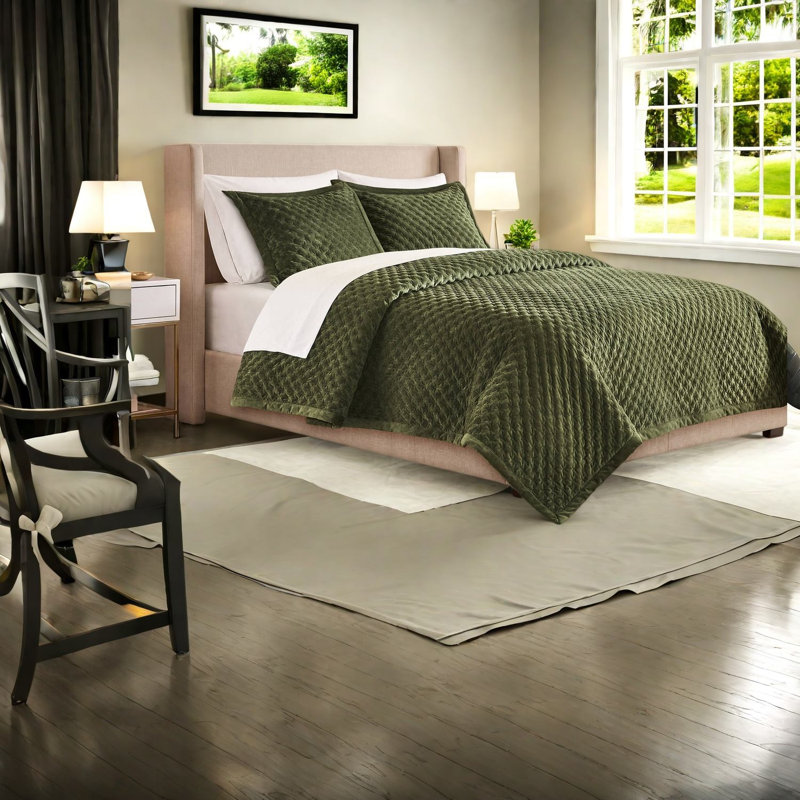 De literie en velours pour très grand lit, ensemble de couvre-lit matelassé vert pour la chambre à coucher