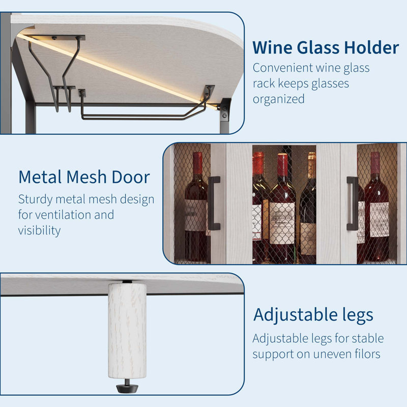 Meuble-bar de coin à 5 niveaux avec éclairage DEL et prises électriques, rangement pour bouteilles et verres, blanc, Blanc