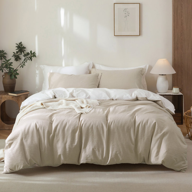 Solayne 100% Washed Cotton Duvet Cover Set with Faux Hemp Texture, Solid Color, Zipper Closure and Corner Ties, Beige