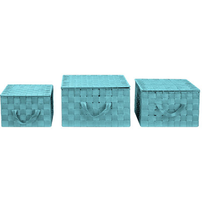 Sorbus Stackable Woven Basket with Lid and Carry Handles 3 Pack in Aqua