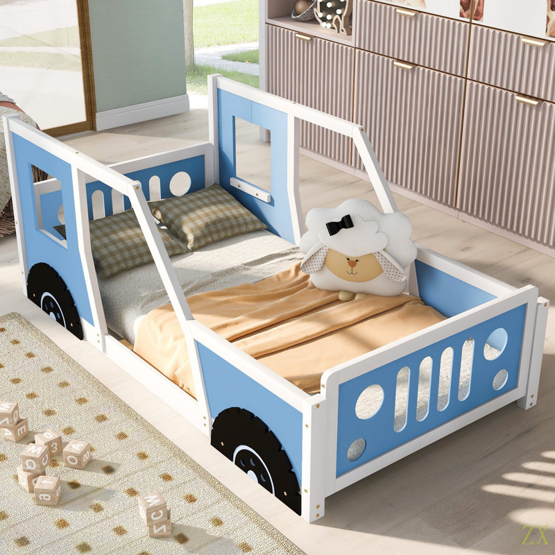Lit plateforme simple en forme de voiture avec roues, Bleu