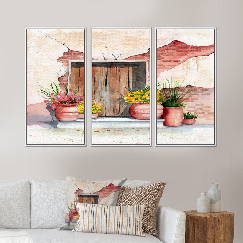 Vieille porte en bois, mur de briques et quelques plantes I - reproduction de cadre photo sur toile 3 pièces, Cadre blanc