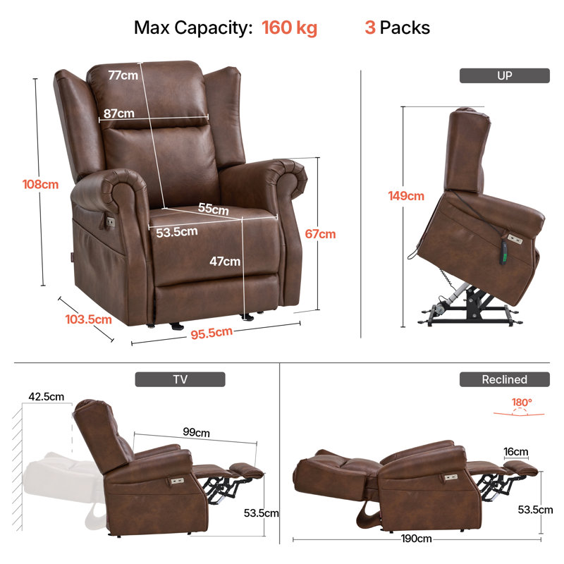 95.5 cm Wide Faux Leather Lift Assist Wing Chair Recliner