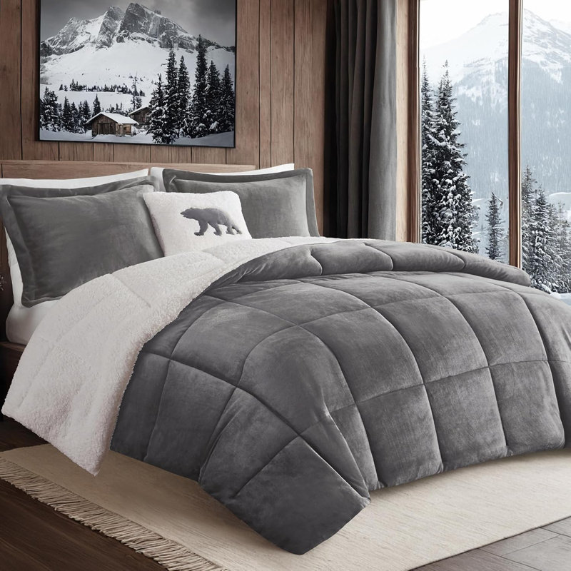 Ensemble d'édredon ultra-doux Alton, Gris anthracite / ivoire, Queen Comforter + 2 Shams + 1 Decorative Pillow
