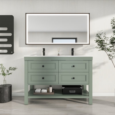 48“ Double Sink Bathroom Vanity With Resin Countertop, Zinc Alloy Faucet, 4 Smooth Drawers 1 Open Shelf