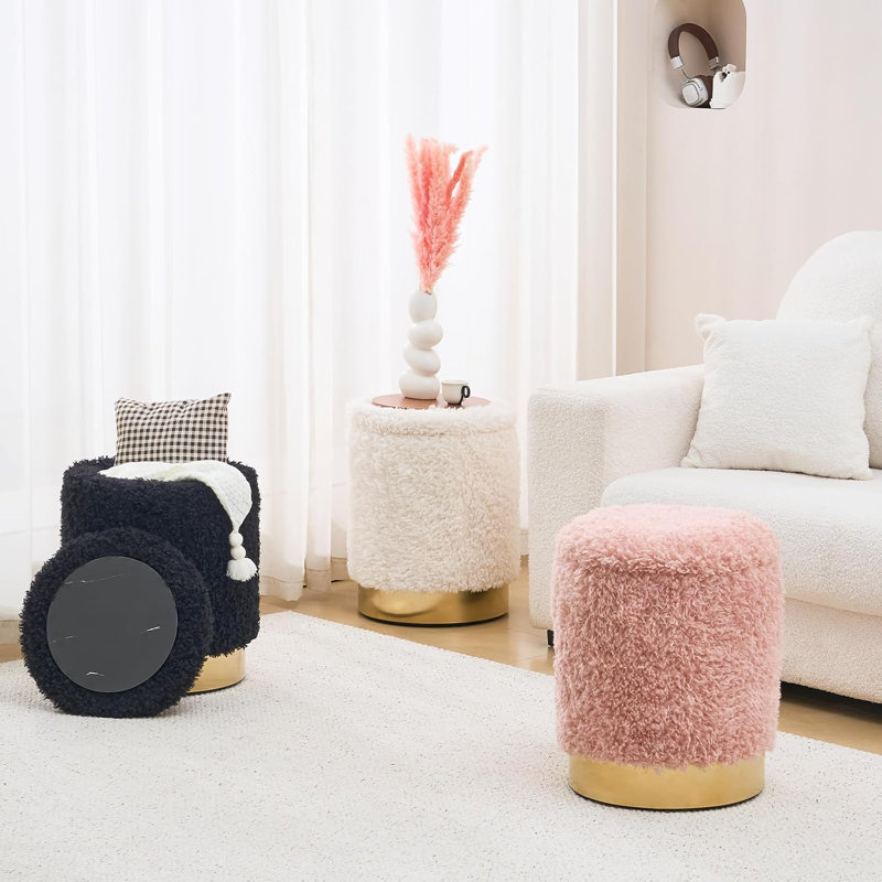 Repose-pieds rond en velours avec rangement, Noir