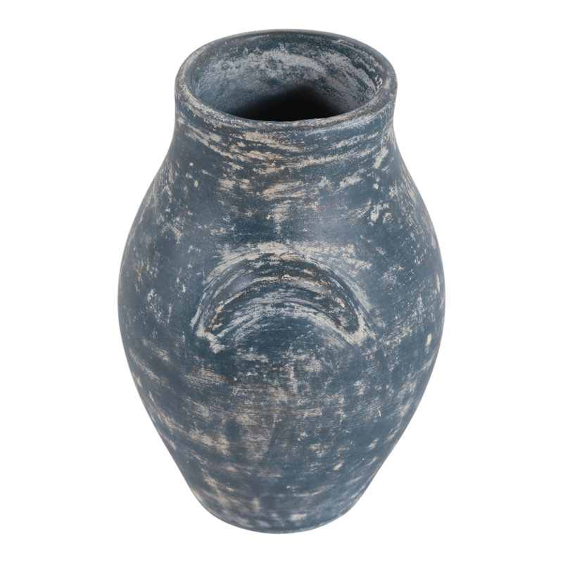 Vase rond artisanal en terre cuite, motif bourgeon, pour une décoration rustique - Grand vase arrondi avec poignées latérales, idéal pour le salon ou une étagère - 20 cm