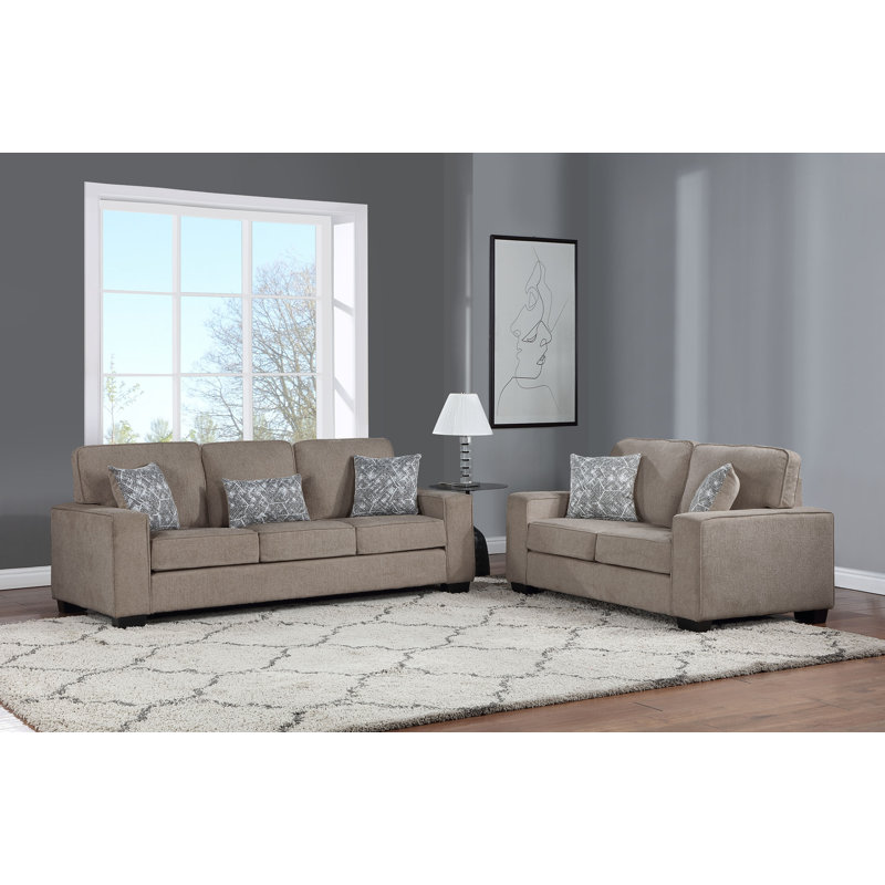 Ensemble de 2 coussins moelleux en tissu brun avec canapé à accoudoirs carrés et 5 coussins décoratifs, Tissu brun foncé