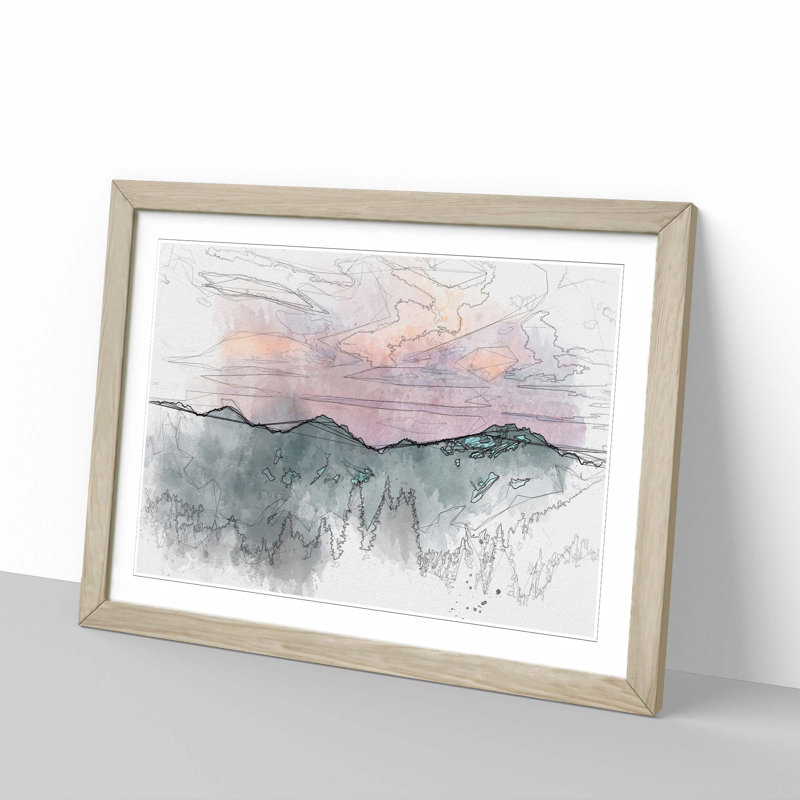 Mountain Divide in Abstract - Picture Frame Drawing Print, 62cm H x 87cm W x 2cm D, Oak Framed