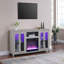 Meuble télé 70 po avec finition gris clair et console avec chaufferette, lumière DEL, armoires, tablettes