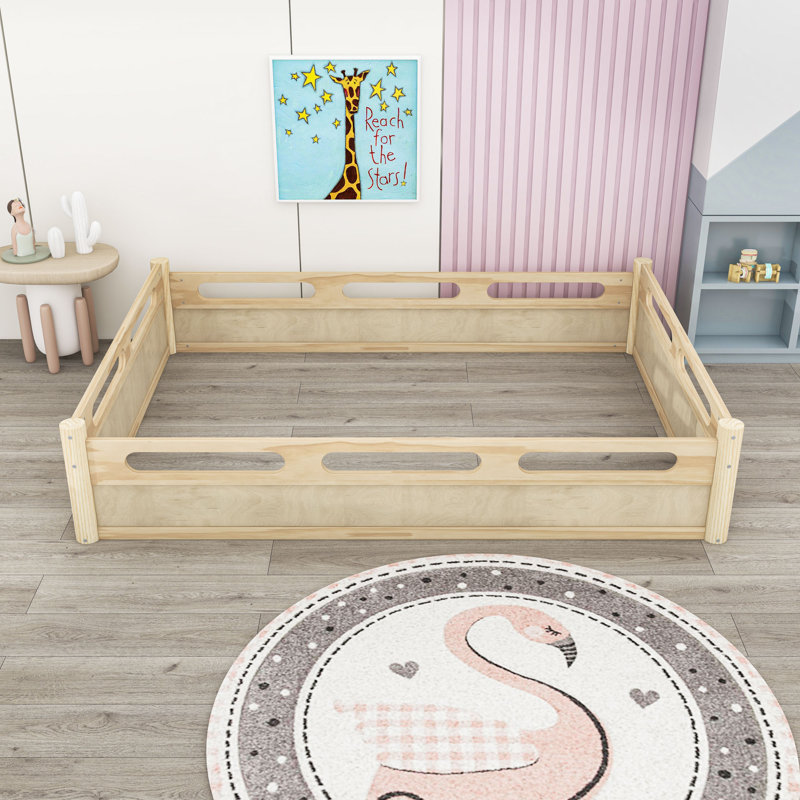Floor Platform Bed with Guardrails, Queen, Natural