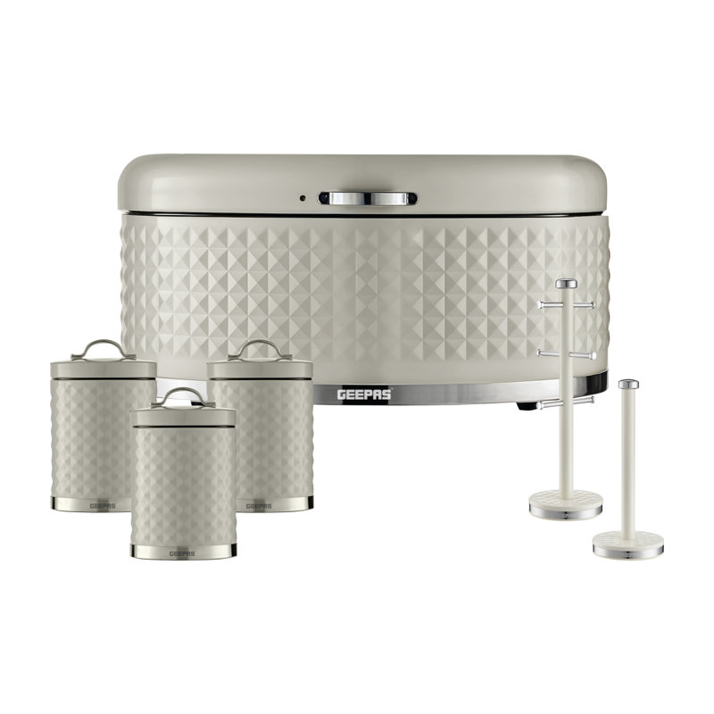 GEEPAS Argyle Tea Coffee Sugar Canister, Bread Bin, Mug Tree & Towel Pole Set | 9L Bread Box 1.3L Airtight Canister Set | Carbon Steel Build Kitchen Counter Storage Space Saver