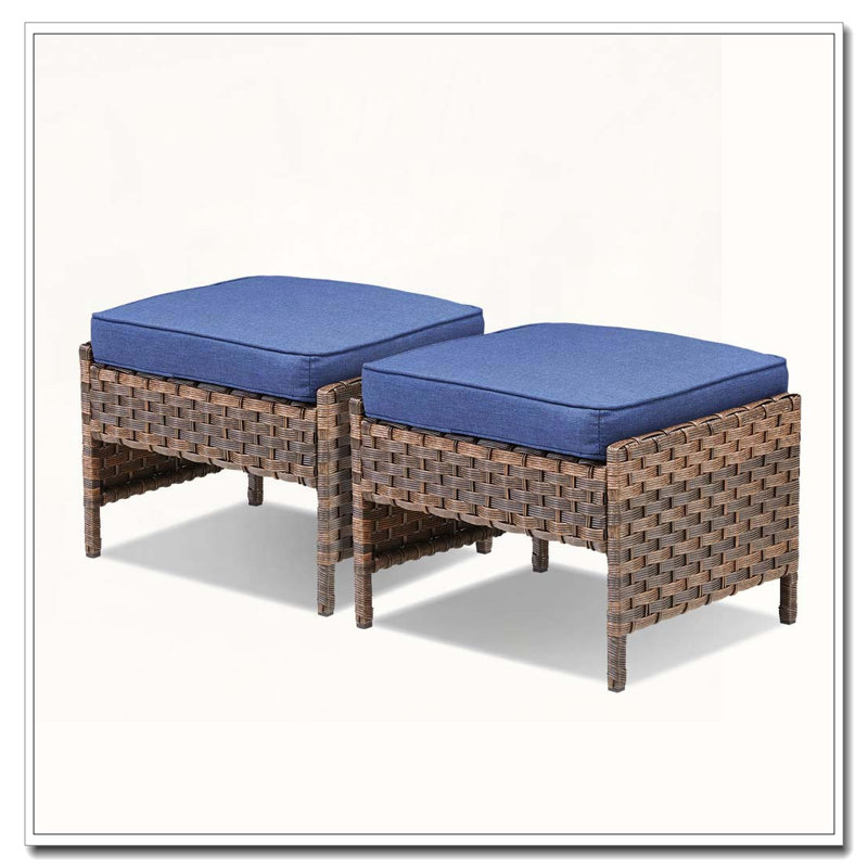 Outdoor PE Wicker Ottomans Set of 2 with Blue Cushions