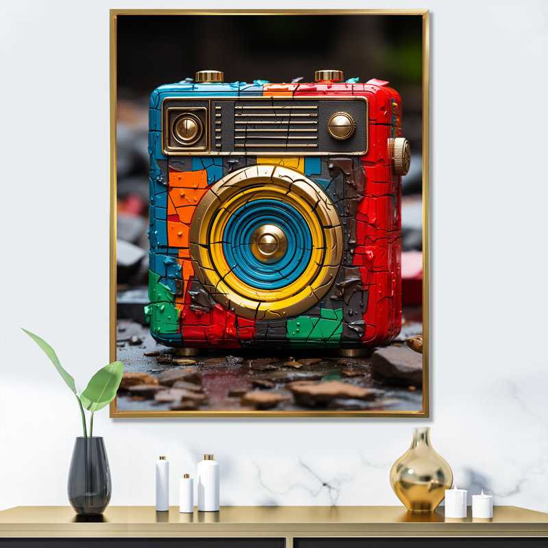 «Yellow and Red Classic Jukebox Beats» - Art mural Jukebox, H 20 po x l 12 po x P 1 po, Cadre flottant doré