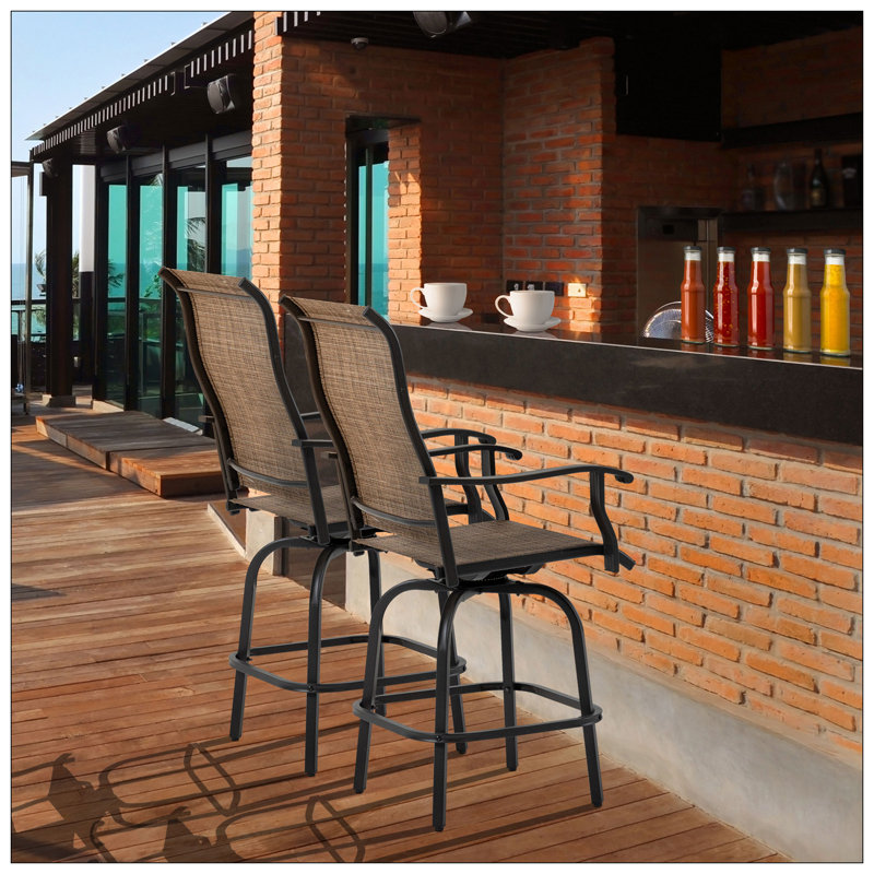 Ensemble de 2 tabourets de bar pivotants d'extérieur avec accoudoirs, chaises de patio à hauteur de bar avec cadre en acier pour balcon, bord de piscine, arrière-cour, brun