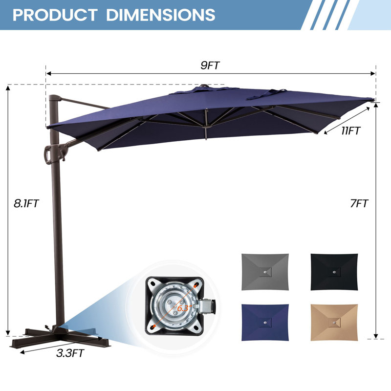 Parasol rectangulaire en porte-à-faux sans base lestée 11 pi x 9 pi Herrell, Marine