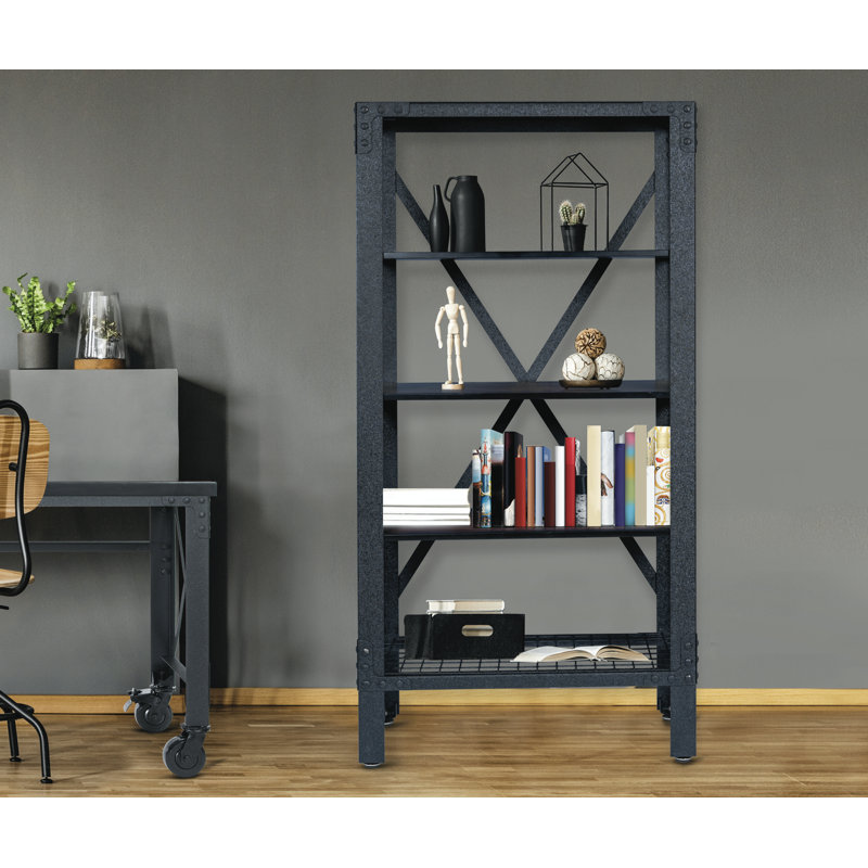 Industrial Black Acacia Wood 4-Shelf Storage Unit