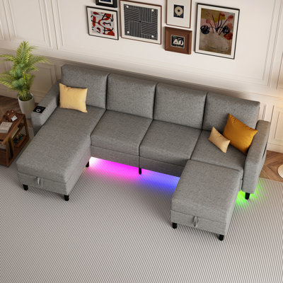 109" Sectional Couches For Living Room, 4 Seat Sectional Sofa With Rgb Light/wireless Charging/usb/type-c