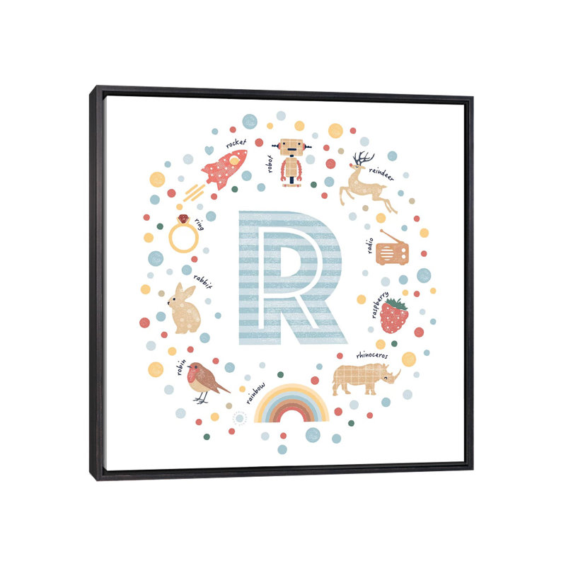 Lettre illustrée R bleue - impression, Toile avec cadre noir patiné, Pas de tapis, H 37 po x l 37 po x P 1,5 po
